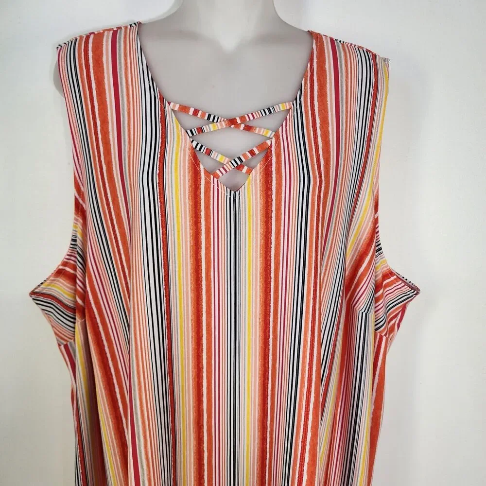 Catherines Black Label Womens Tank Top 2X Sleeveless Orange Stripes Criss Cross